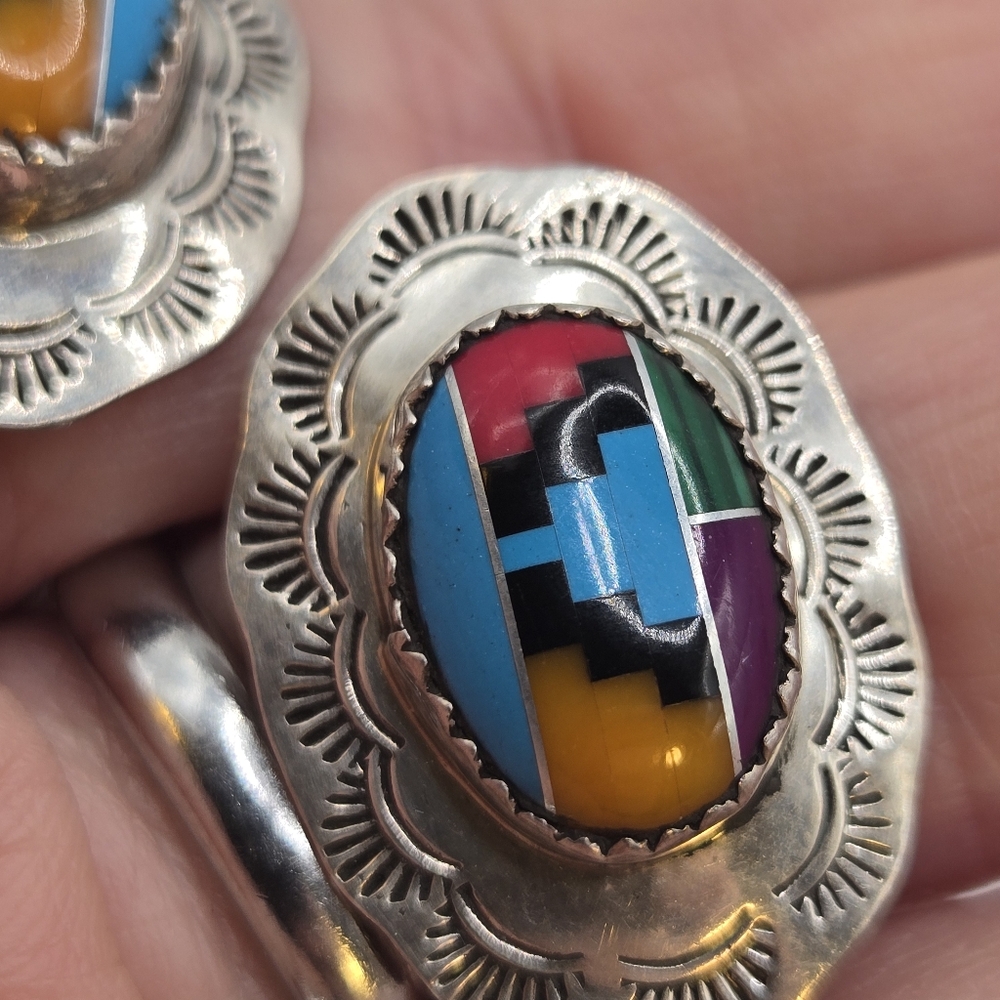 Sterling Silver Inlay Navajo Stud Earrings Richard Begay Native Artist Vintage - Picture 3 of 12